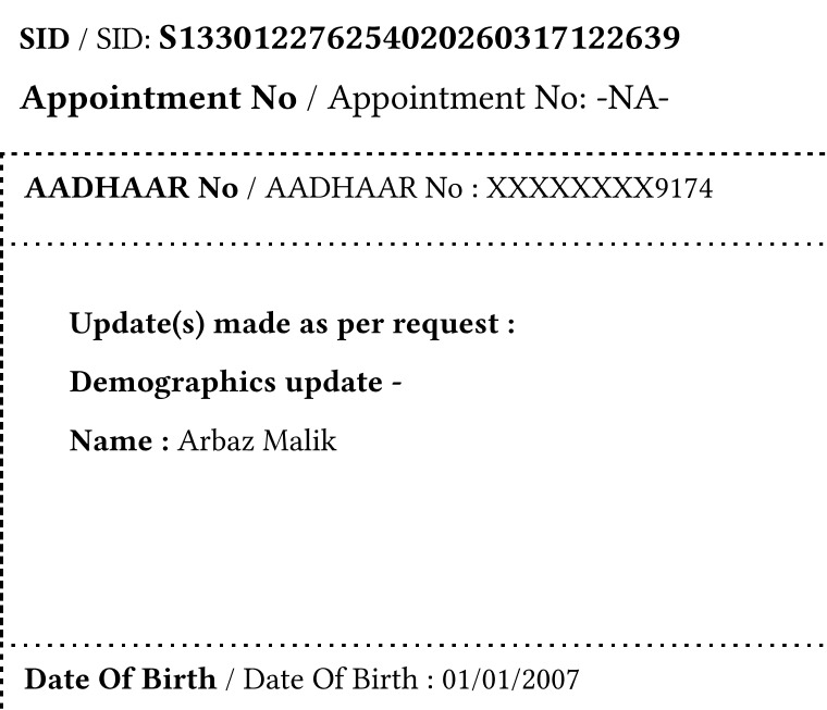 Name And Surname And Full and And DOB Update ka Data laga Sakte h